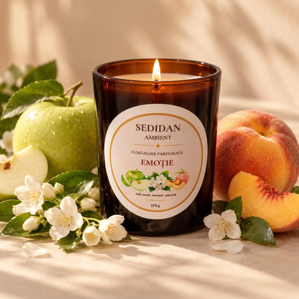 Lumânare parfumată EMOȚIE – Ceară de soia | 170 g | Recipient chihlimbar